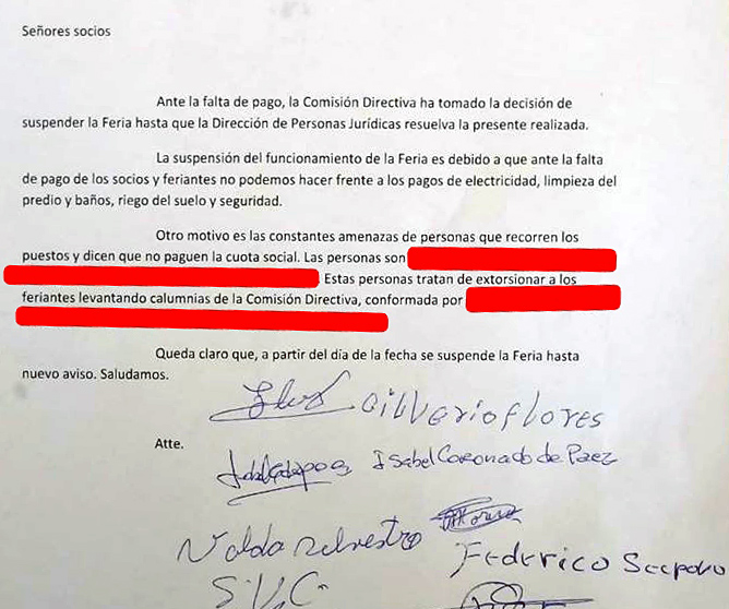 Por falta de pagos, extorsiones y amenazas  suspendieron la Feria de Salto de las Rosas