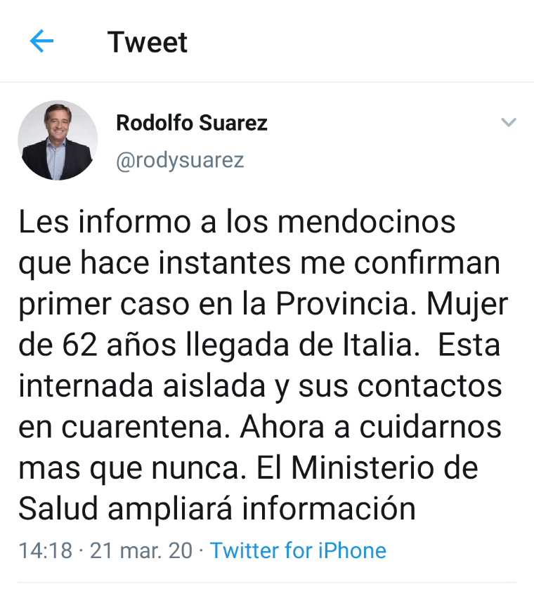 El gobernador Suarez confirmó el primer caso de contagio en la provincia