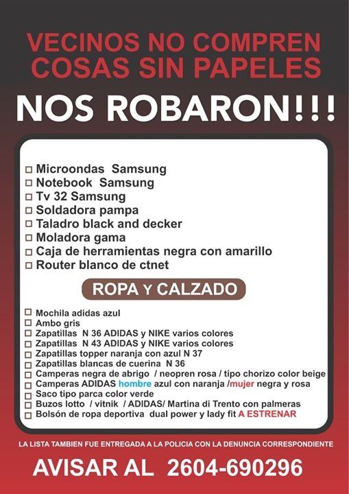 Les robaron todo y piden que no lo compren