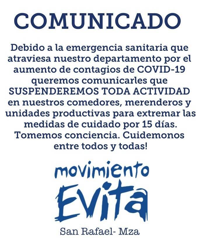 Covid-19: el movimiento Evita San Rafael suspendió sus actividades