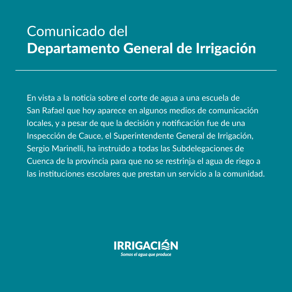 Comunicado de Irrigación sobre el corte de agua a una escuela técnica agropecuaria