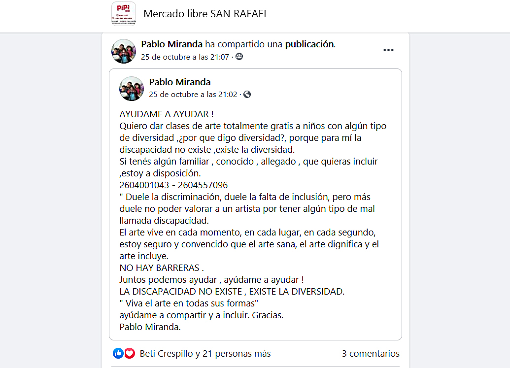 Un artista sanrafaelino ofrece clases gratuitas para chicos con discapacidad