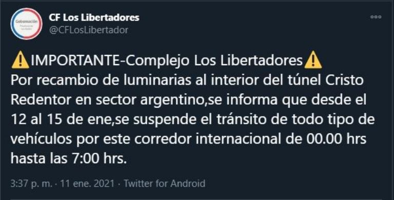 Atención: el paso a Chile Cristo Redentor cerrará parcialmente durante tres días