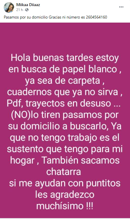 Pide ayuda a los sanrafaelinos para “juntar papel”  ya que es su único medio de vida
