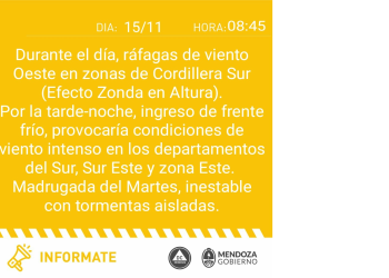 Alerta por efecto zonda en altura, ingreso de un frente frío y tormentas