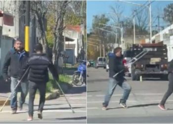Insólito: Hombre que mendigaba con muletas, protagonizó pelea y escapó corriendo