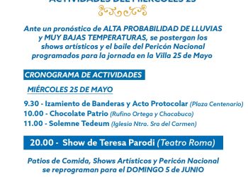 Por pronóstico de mal tiempo se reprogramaron actividades artísticas del 25 de Mayo