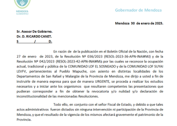 Suarez solicitó que se declare inconstitucional la resolución que regala tierras a pseudo mapuches en San Rafael y Malargüe