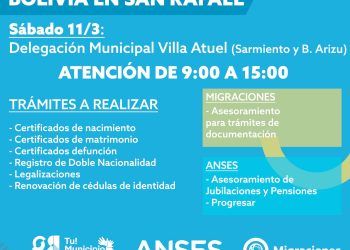 El Consulado Móvil de Bolivia llevará a cabo un operativo en Villa Atuel este sábado