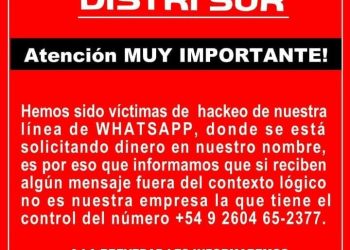DistriSur advirtió a la comunidad que le hackearon su Whatsapp y delincuentes piden dinero a sus clientes