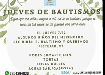 Se llevará a cabo un “jueves debautismos” en el merendero San José