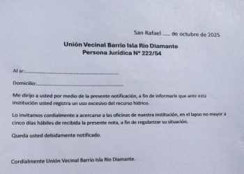 Tras recuperar el suministro de agua, la Unión Vecinal Isla del Río Diamante intima a morosos y consumos excesivos