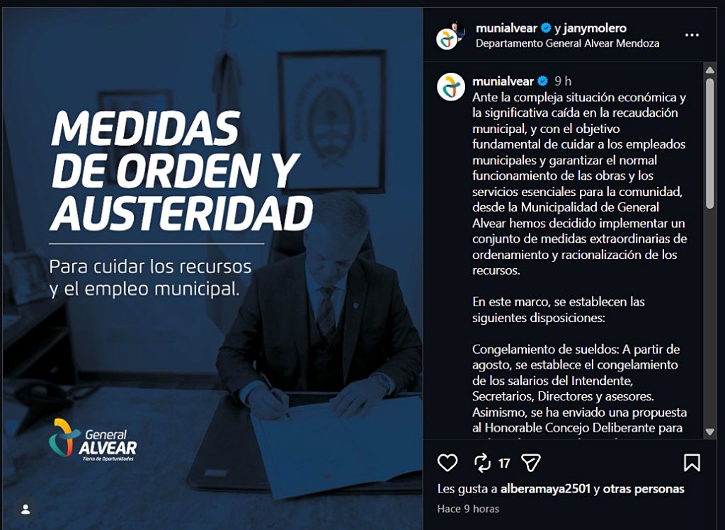 La crisis golpea a los municipios: General Alvear congela sueldos políticos y aplica un fuerte plan de austeridad