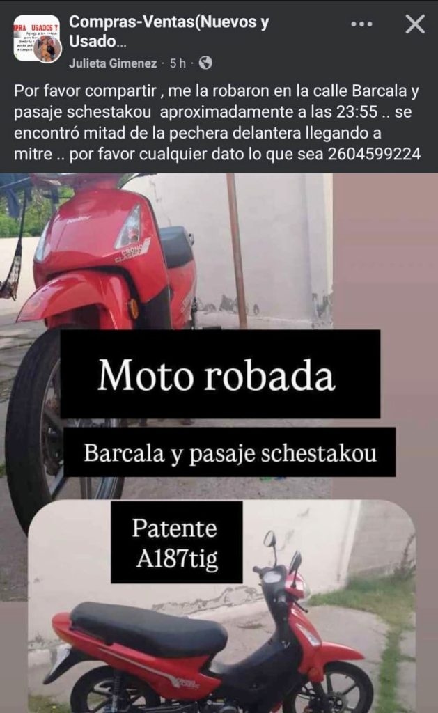 San Rafael: le robaron la moto mientras trabajaba en calle Barcala
