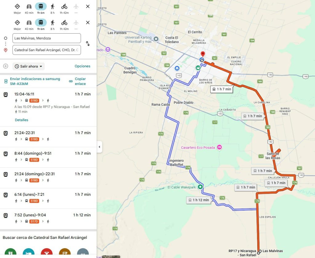 Google Maps ya permite consultar recorridos y horarios de colectivos en San Rafael