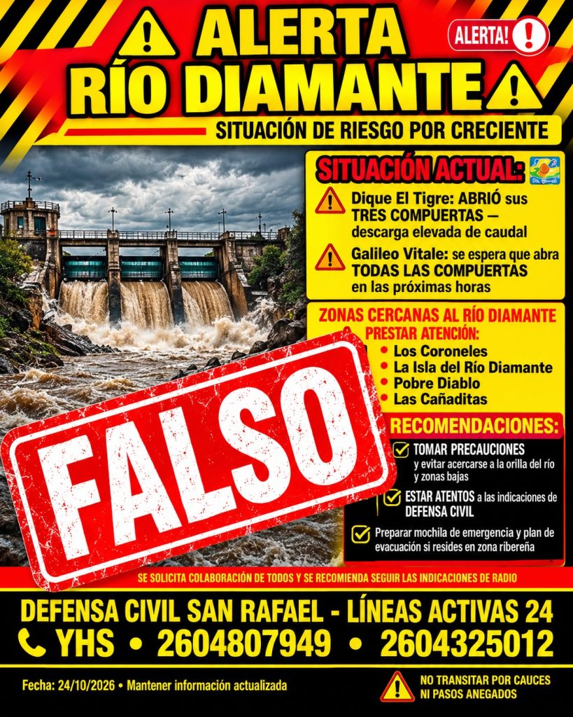 Alerta falsa por el río Diamante: Defensa Civil desmintió un comunicado viral y pidió responsabilidad a la población